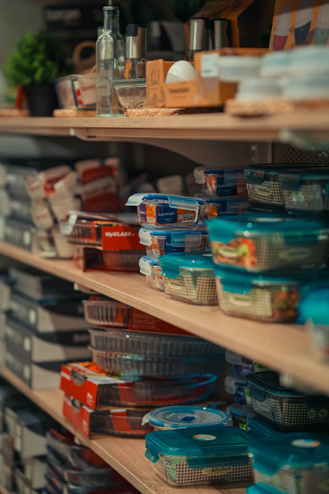 Organized pantry containers on shelving