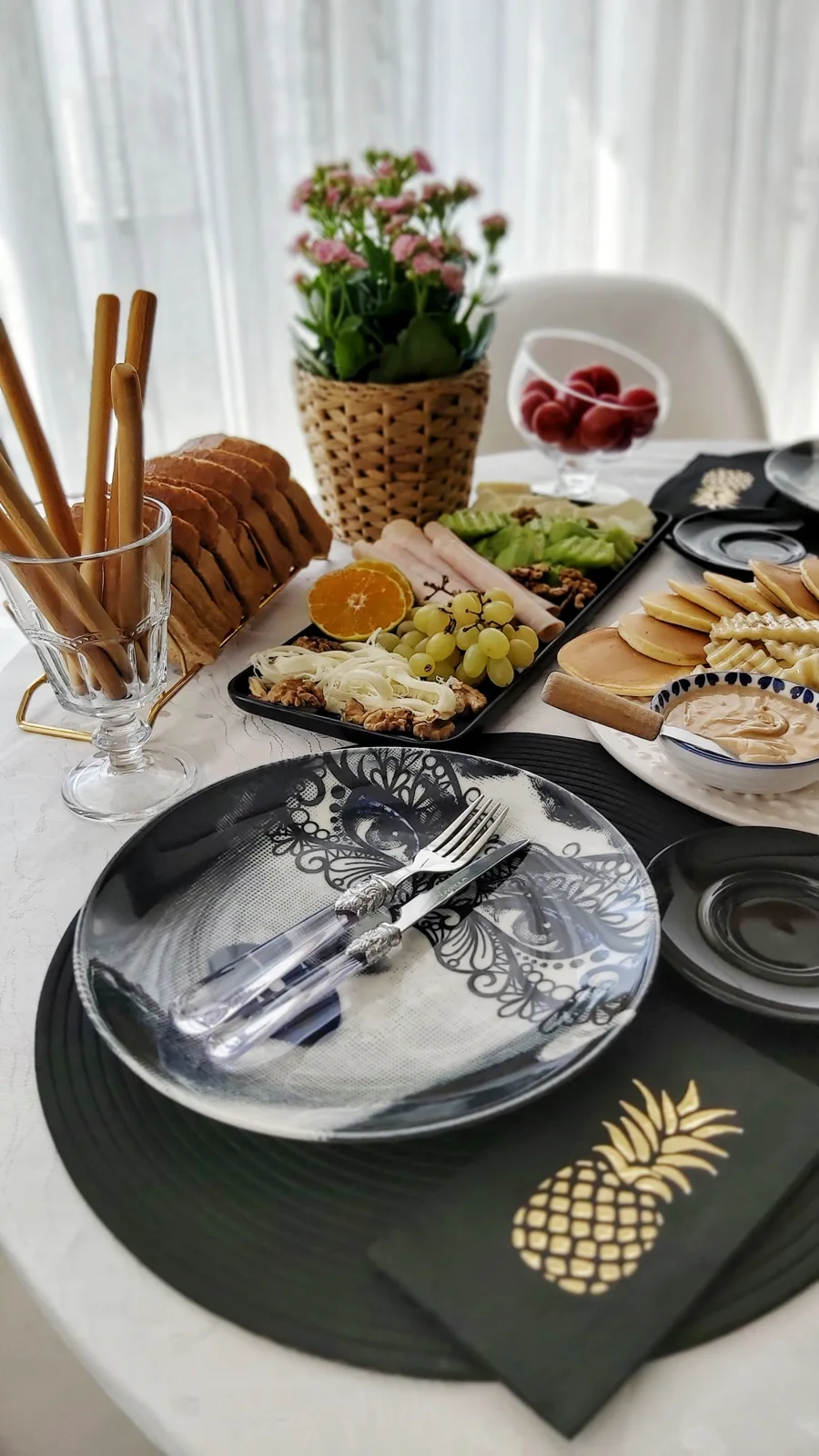 Fresh fruit and food arranged on a table